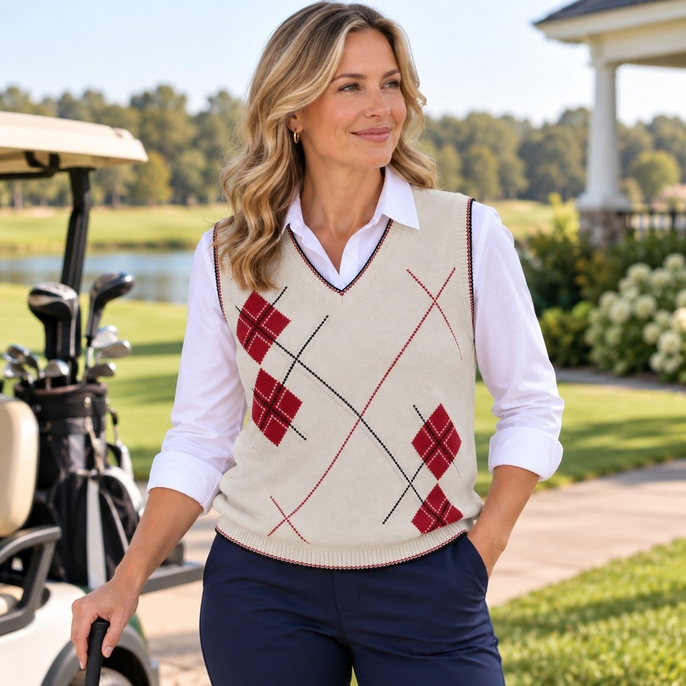 Liz Golf Sweater Vest Argyle V Neck Cream Red Preppy Golf Knit Women's Large